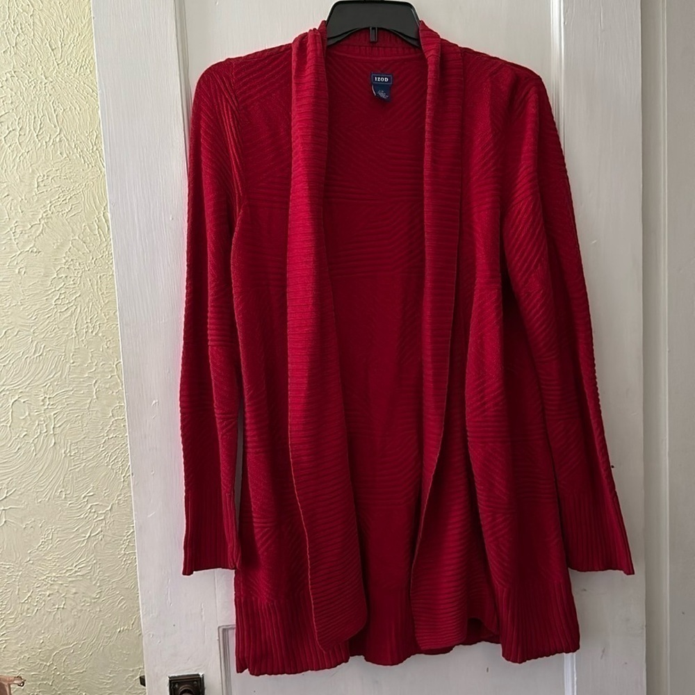 Izod Soft Stretchy Red Long Sleeve Open Front Cardigan Sweater